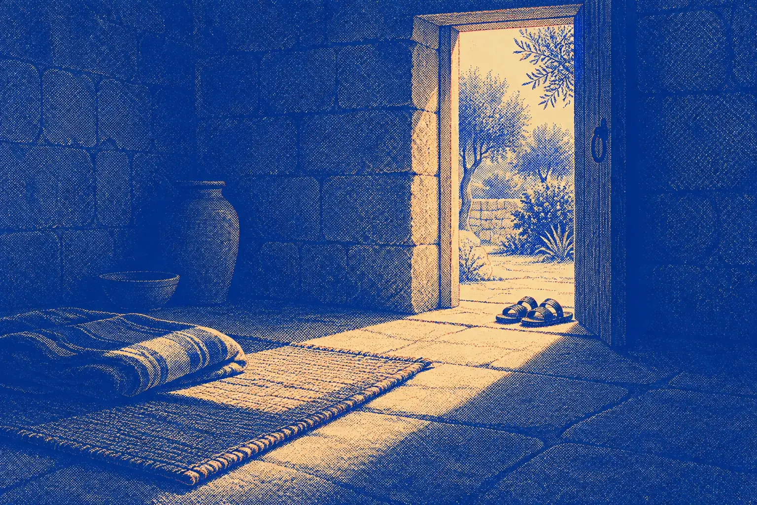 A simple woven mat and a folded blanket lie on a stone floor in soft early morning light, beside an open doorway through which a quiet garden can be seen. A pair of sandals has been set neatly by the door. No one is in the room.