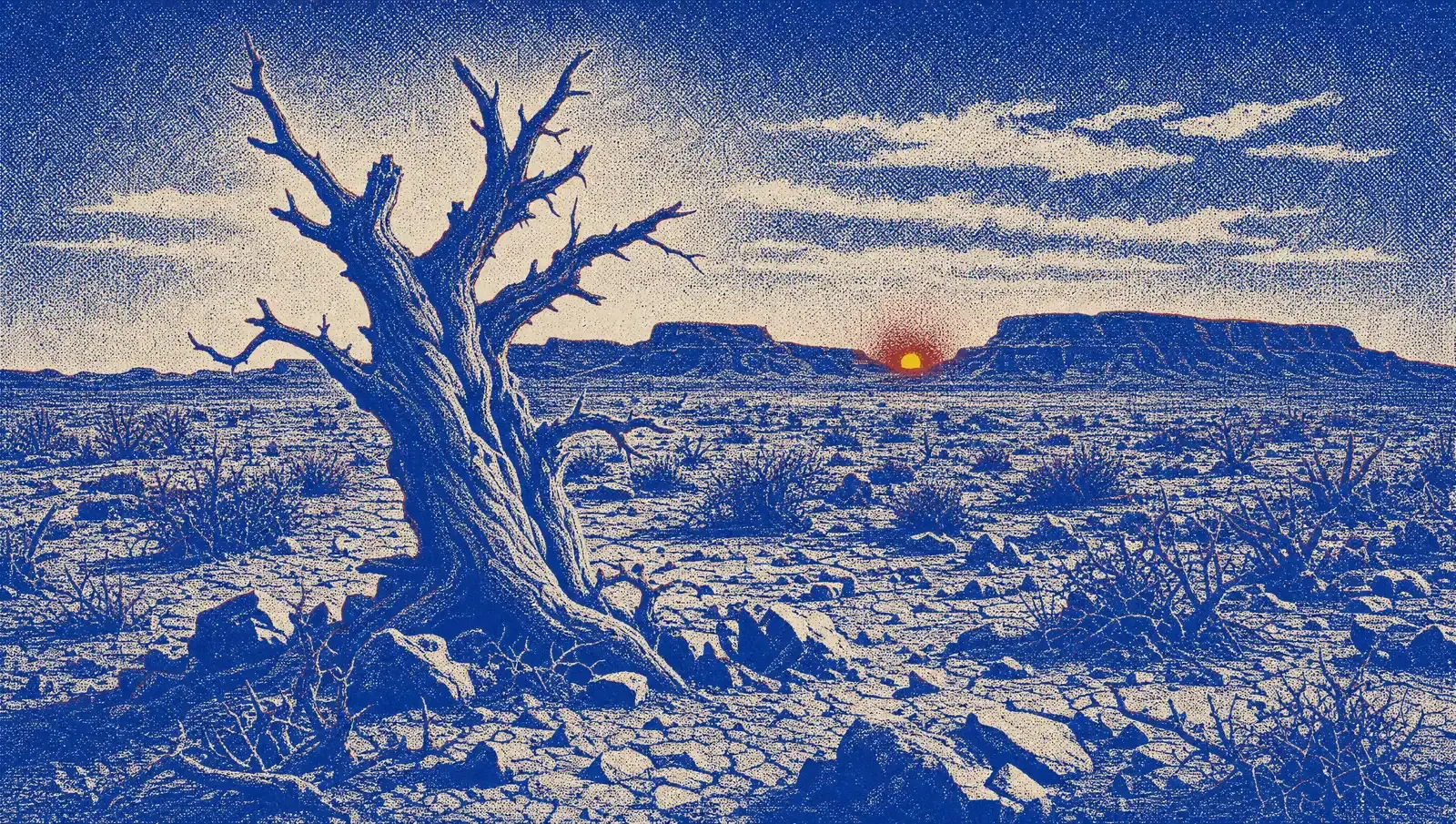 A bare twisted tree on stony ground at dusk against a deep blue sky, with no figures anywhere in the frame.