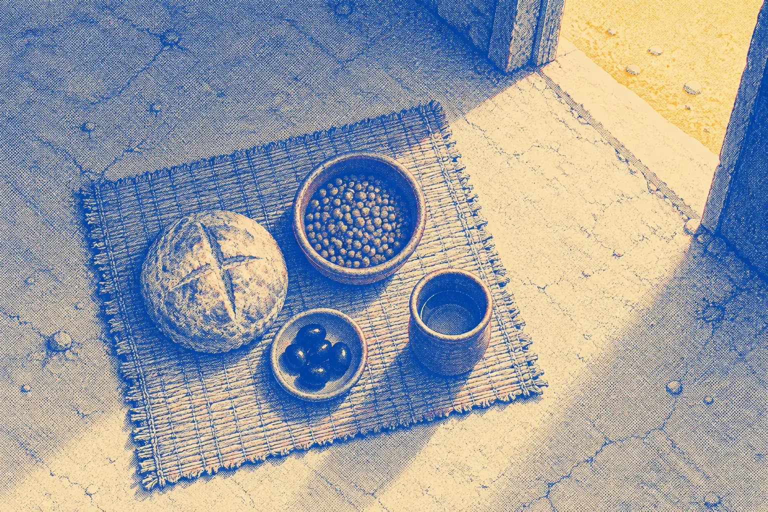 Several shallow bowls of food set out on a woven mat on a pale stone floor, seen from directly above, with no people in the frame.
