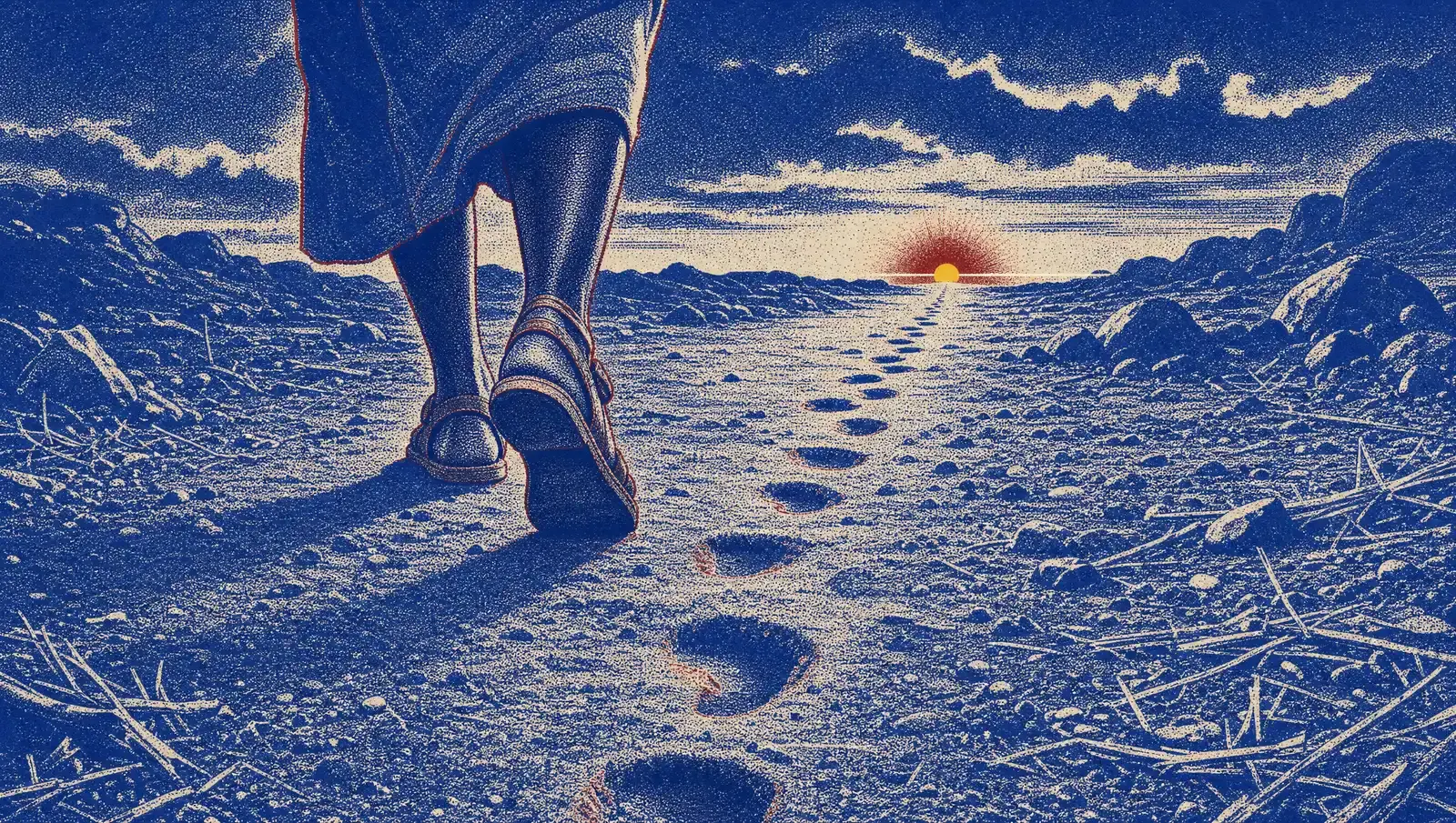 Bare feet walking away from the viewer over dark ground, with a line of footprints left behind them and small points of light at the edges of the frame.