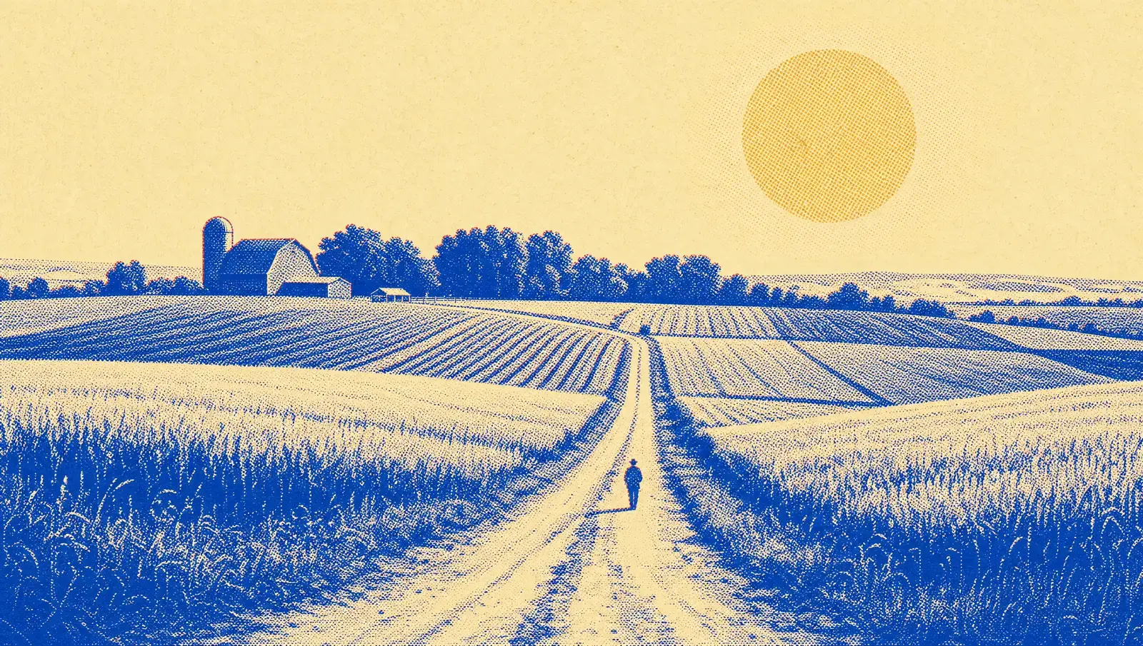 A dirt track running away from the viewer between cultivated fields at dawn, with one small figure far off along it and a low sun behind.