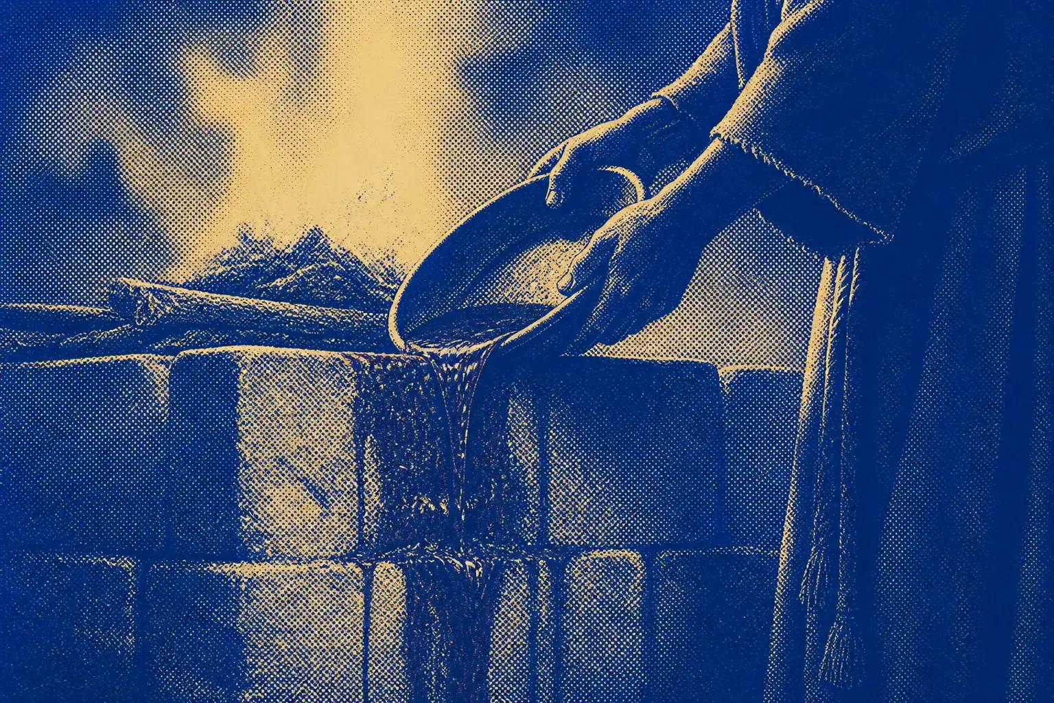 A stone altar in near darkness with a hand tipping something onto its top and smoke rising from it, the fire on the altar the only light in the frame.