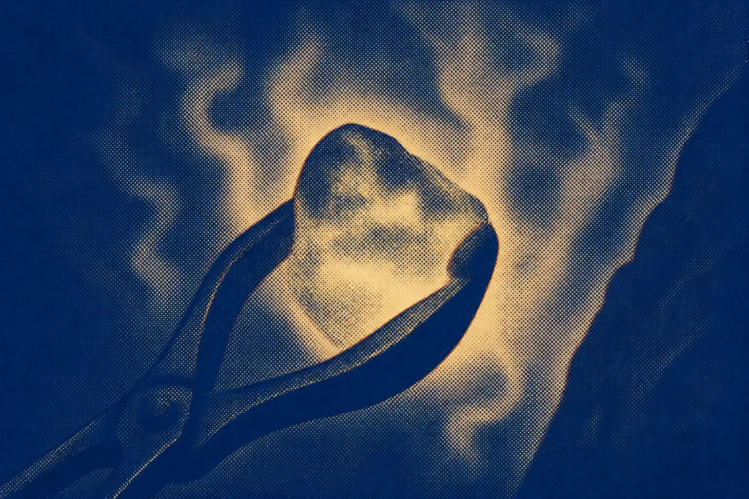 A single glowing coal held in a pair of long tongs, smoke curling up from it, surrounded by deep darkness.