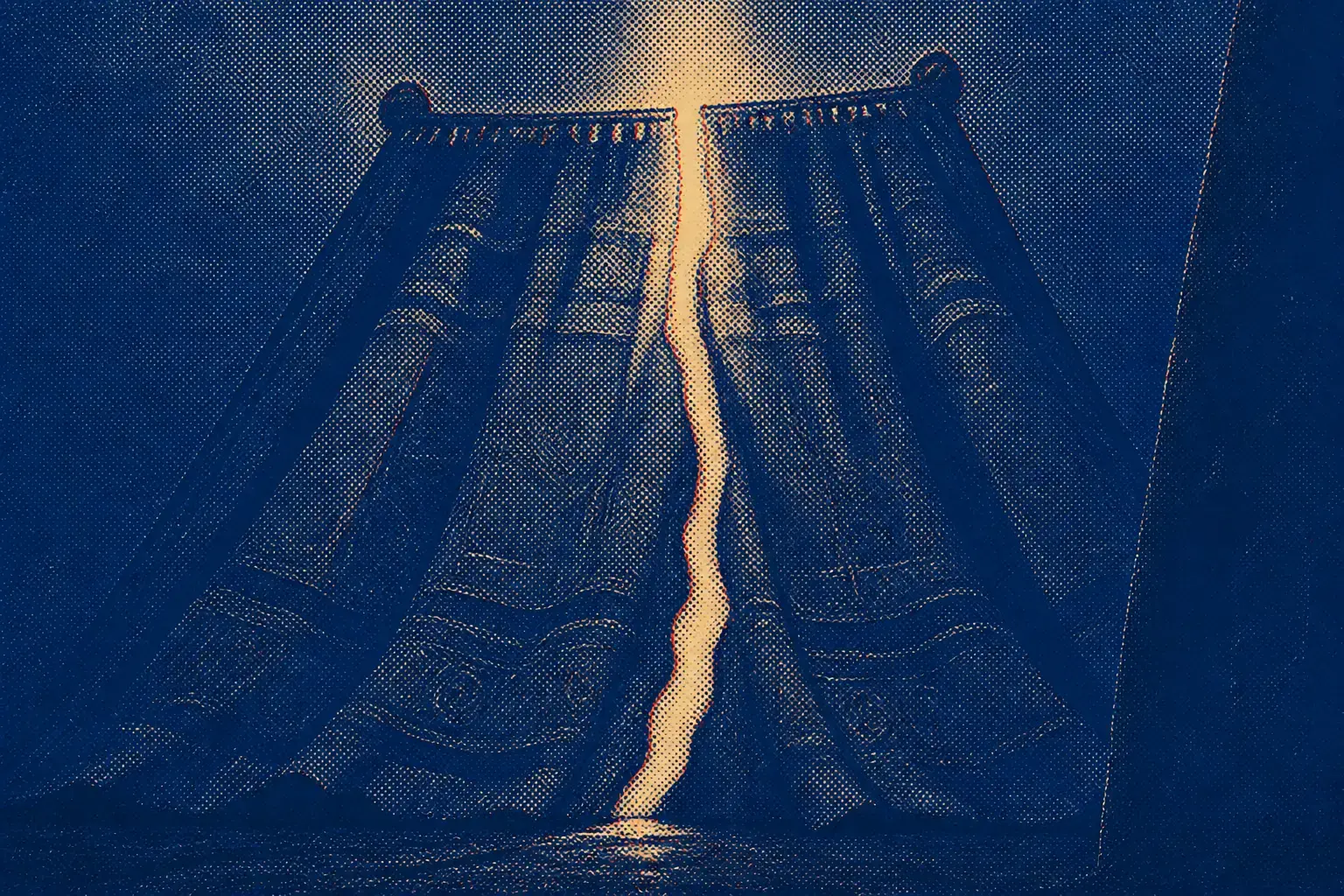 A heavy embroidered curtain hanging from ceiling to floor, split down the middle, with bright light coming through the gap.