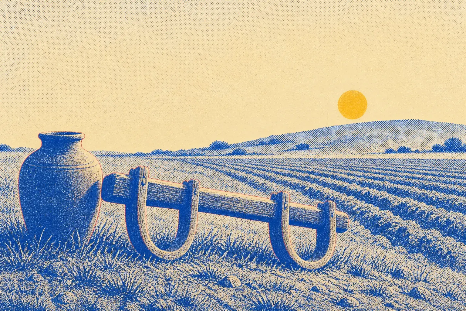A clay jar and a wooden yoke set down together on bare ground in front of ploughed furrows.