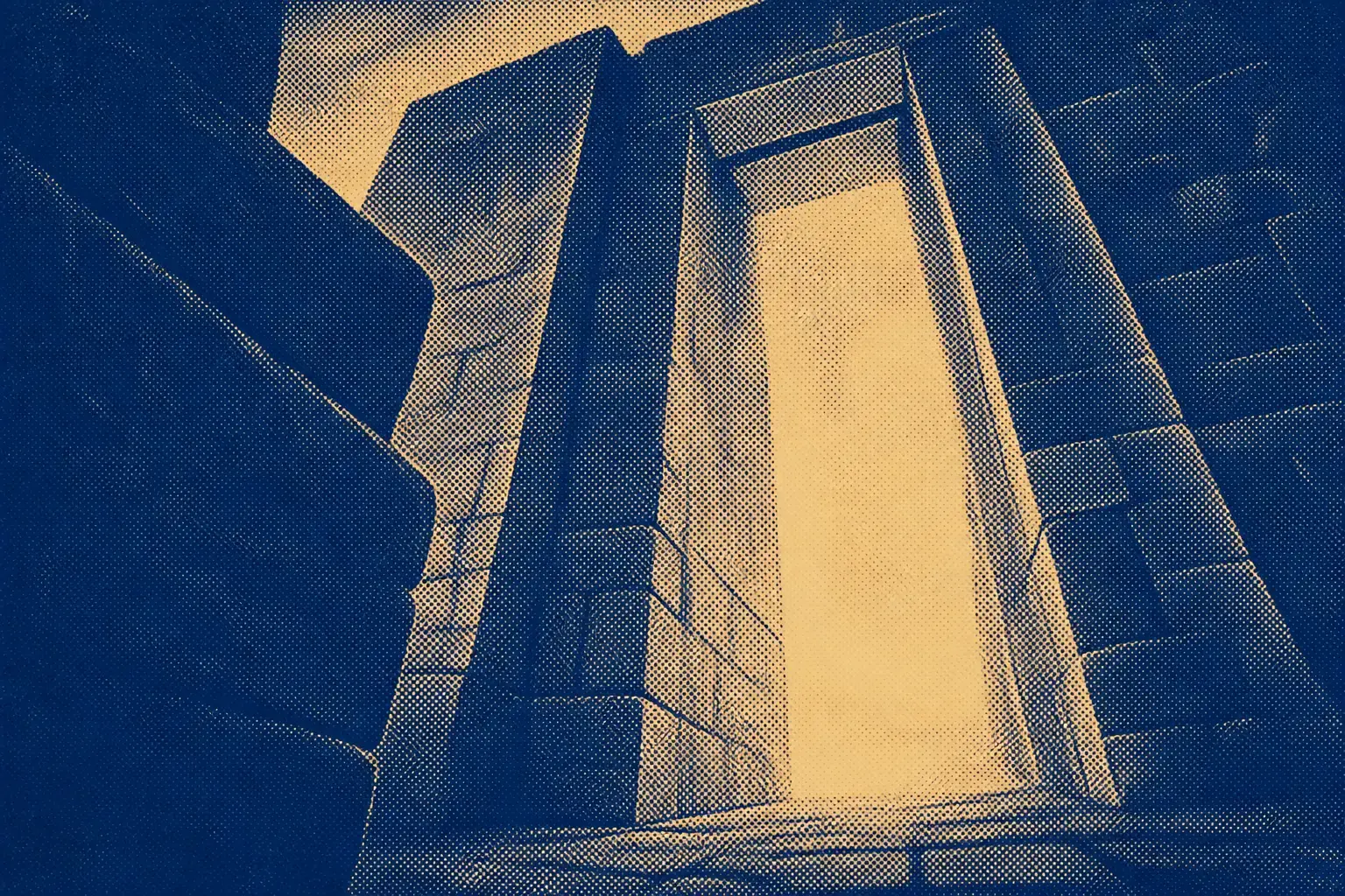 A monumental stone gateway seen from outside, built of massive blocks, with warm light in the opening.