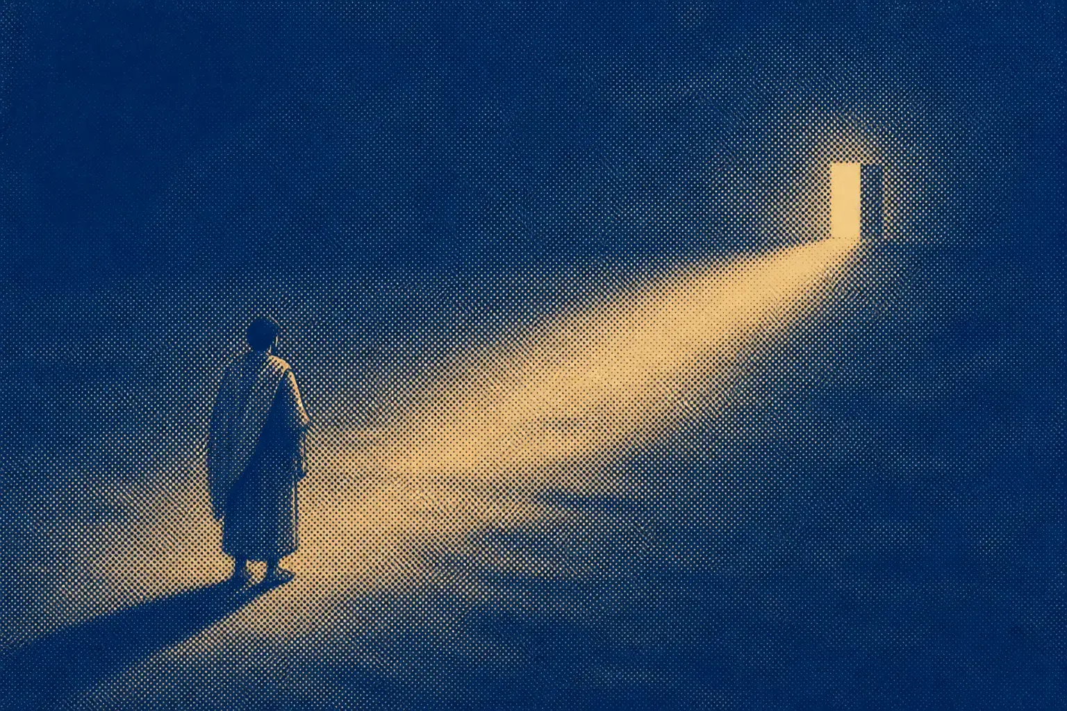 One small robed figure standing alone on a dark open plain, with a single tiny lit doorway far off in the distance.
