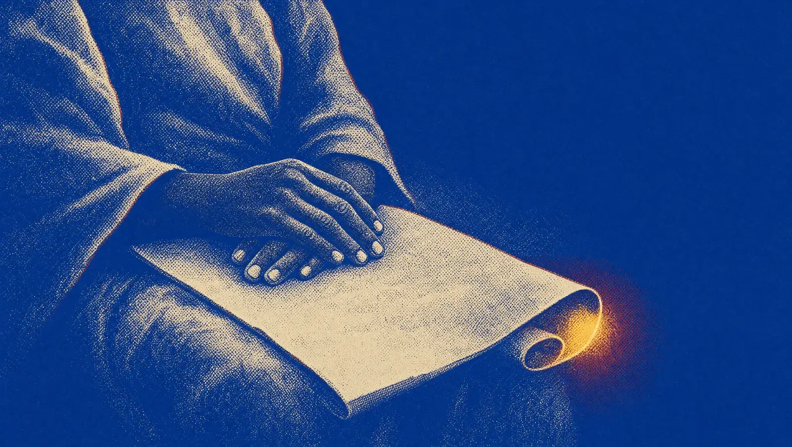 Two hands resting open on an unrolled scroll, with a small flame burning at one edge of it.