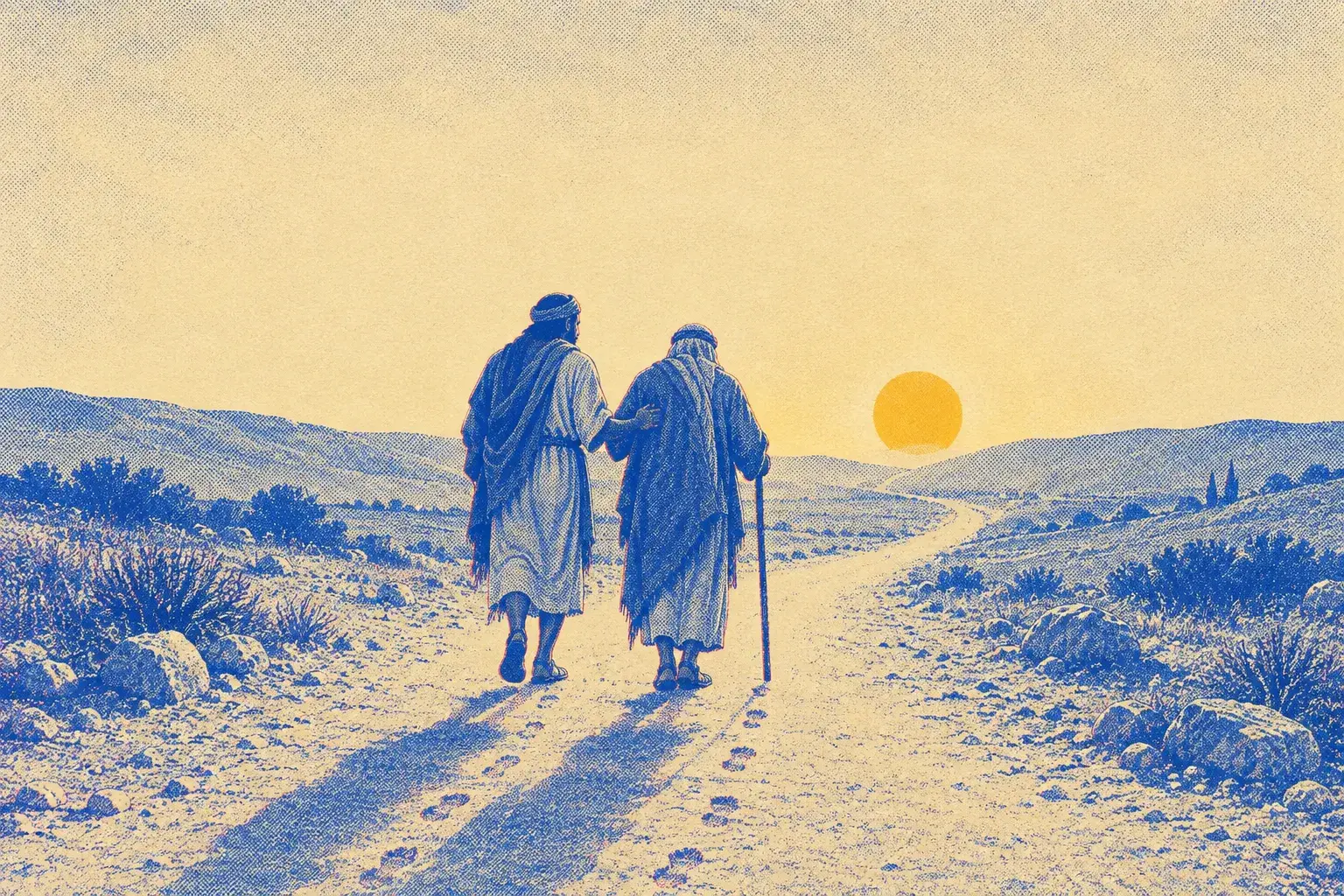 Two robed figures walking away down a road at sunset, their long shadows stretching back toward the viewer.