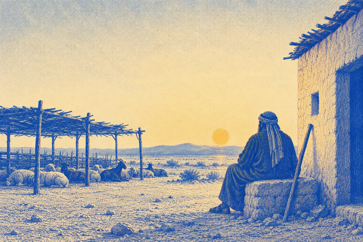 A rough shelter roofed with cut branches, a seated figure inside it, open ground all around and nothing else built nearby.