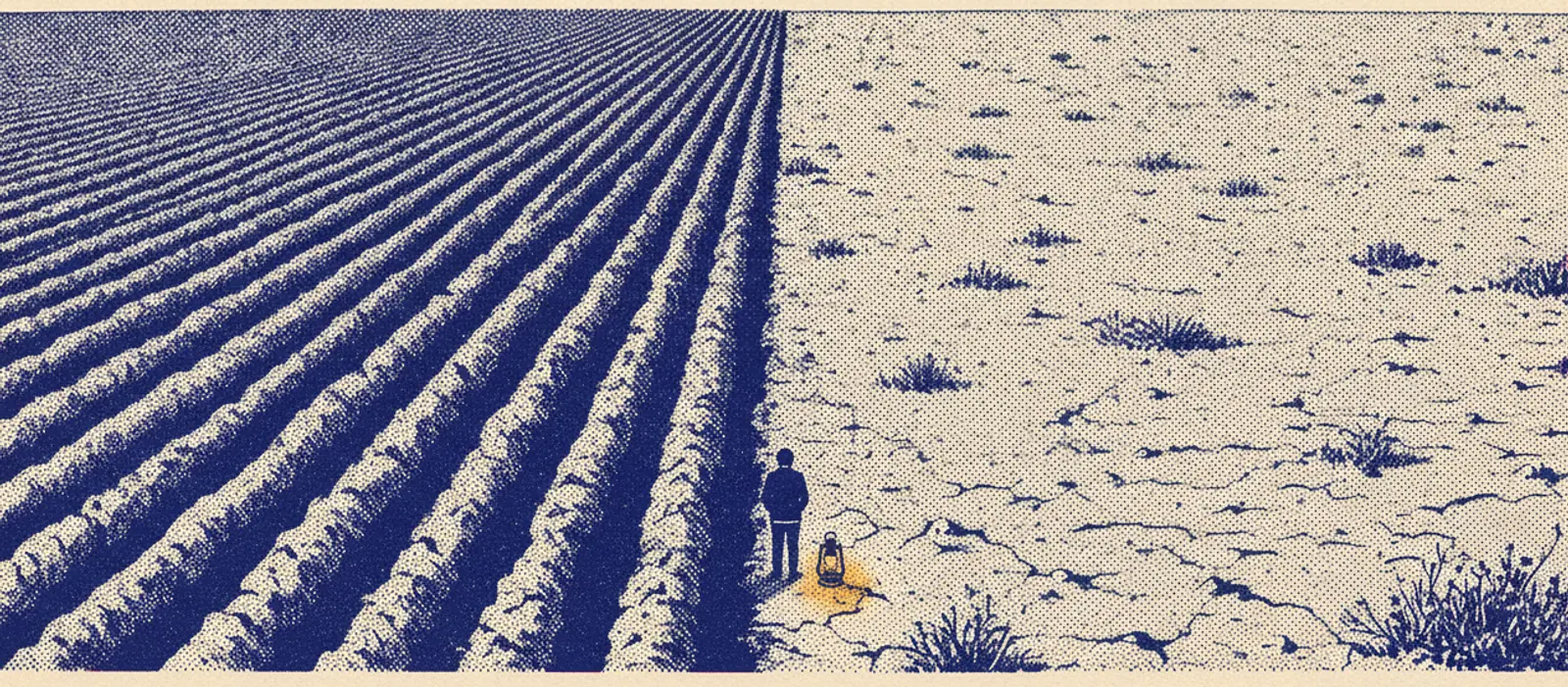 A wide field split down the middle — deep plowed furrows on one side, hard unbroken crusted ground on the other, with a small figure and a lantern standing at the seam