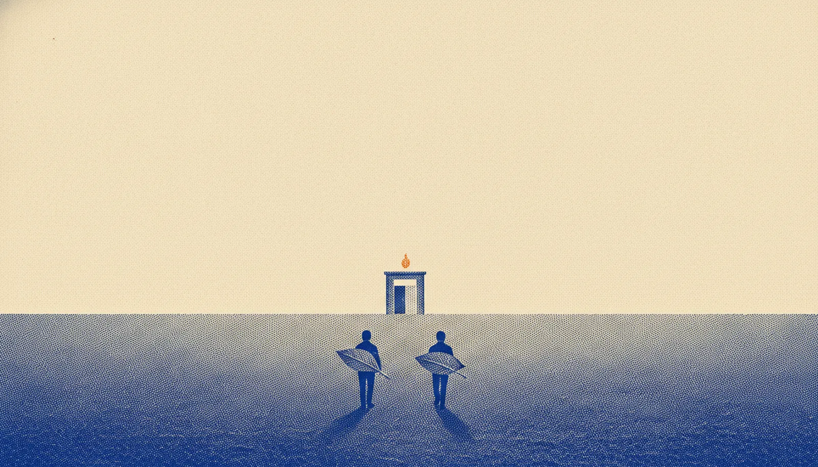 Two small figures crossing bare open ground, each holding a large leaf in front of themselves, with a small stone gateway on the horizon lit by a single flame