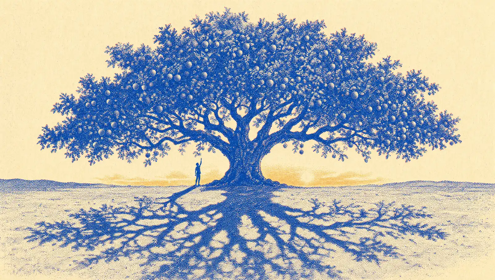 A small figure reaching up into an enormous fruit tree, the figure's own long shadow branching across the ground in the same shape as the tree
