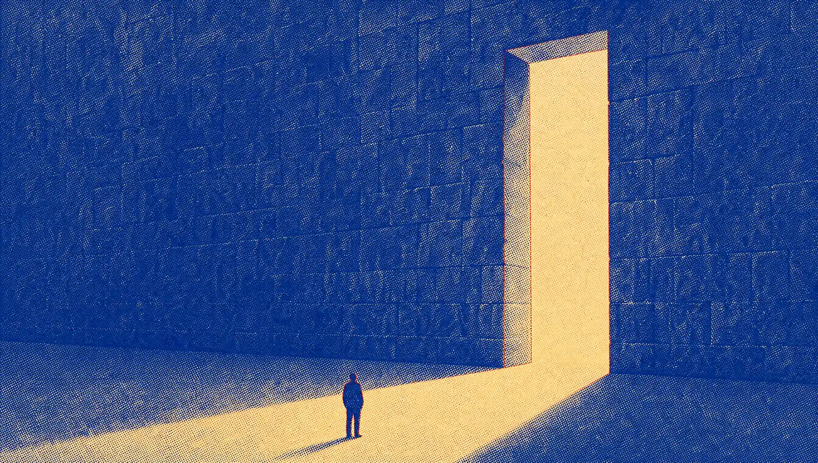 A vast dark wall with one tall doorway pouring golden light across bare ground, a small figure standing at the edge of the light