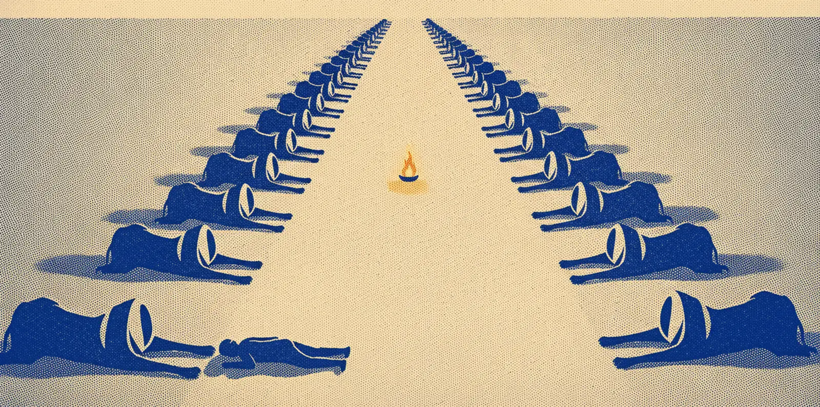 Two facing rows of severed animal halves laid on bare ground forming a straight open corridor, a single small golden flame in the middle of the corridor, and a lone figure lying asleep at the near edge