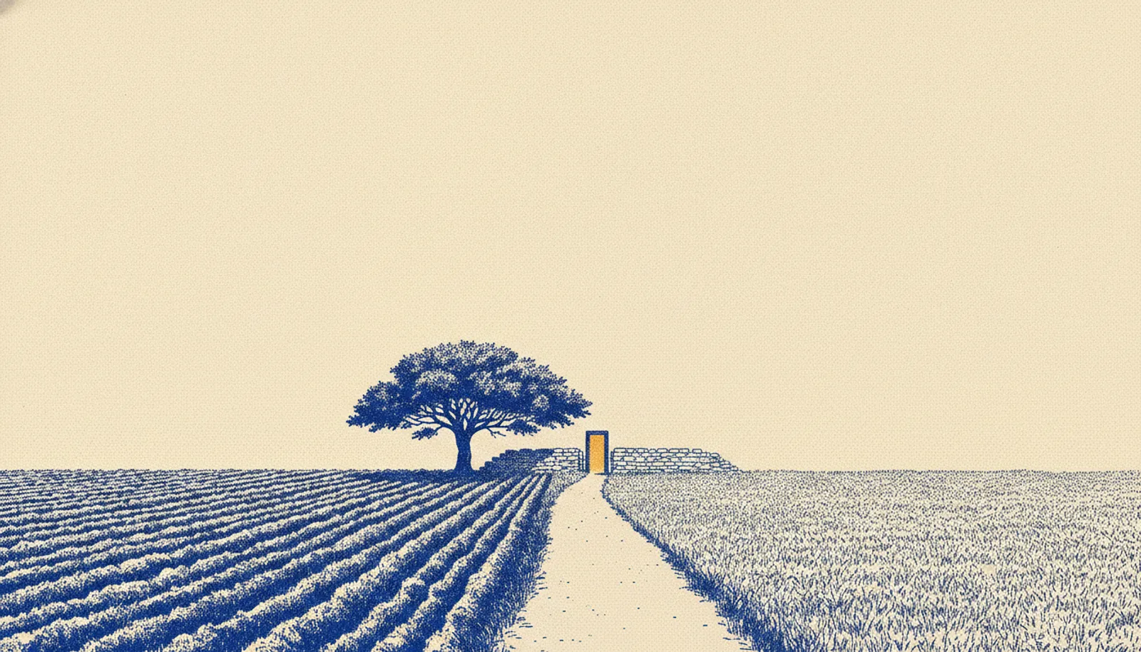A single unbroken footpath crossing plowed furrows, passing a lone tree, and ending at a small gold-lit doorway set in a low stone wall