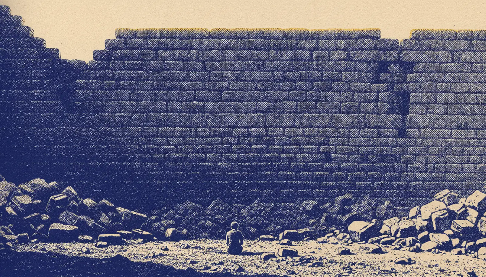 First light along the top edge of a broken stone wall, rubble heaped at its base, a small figure sitting still among the stones