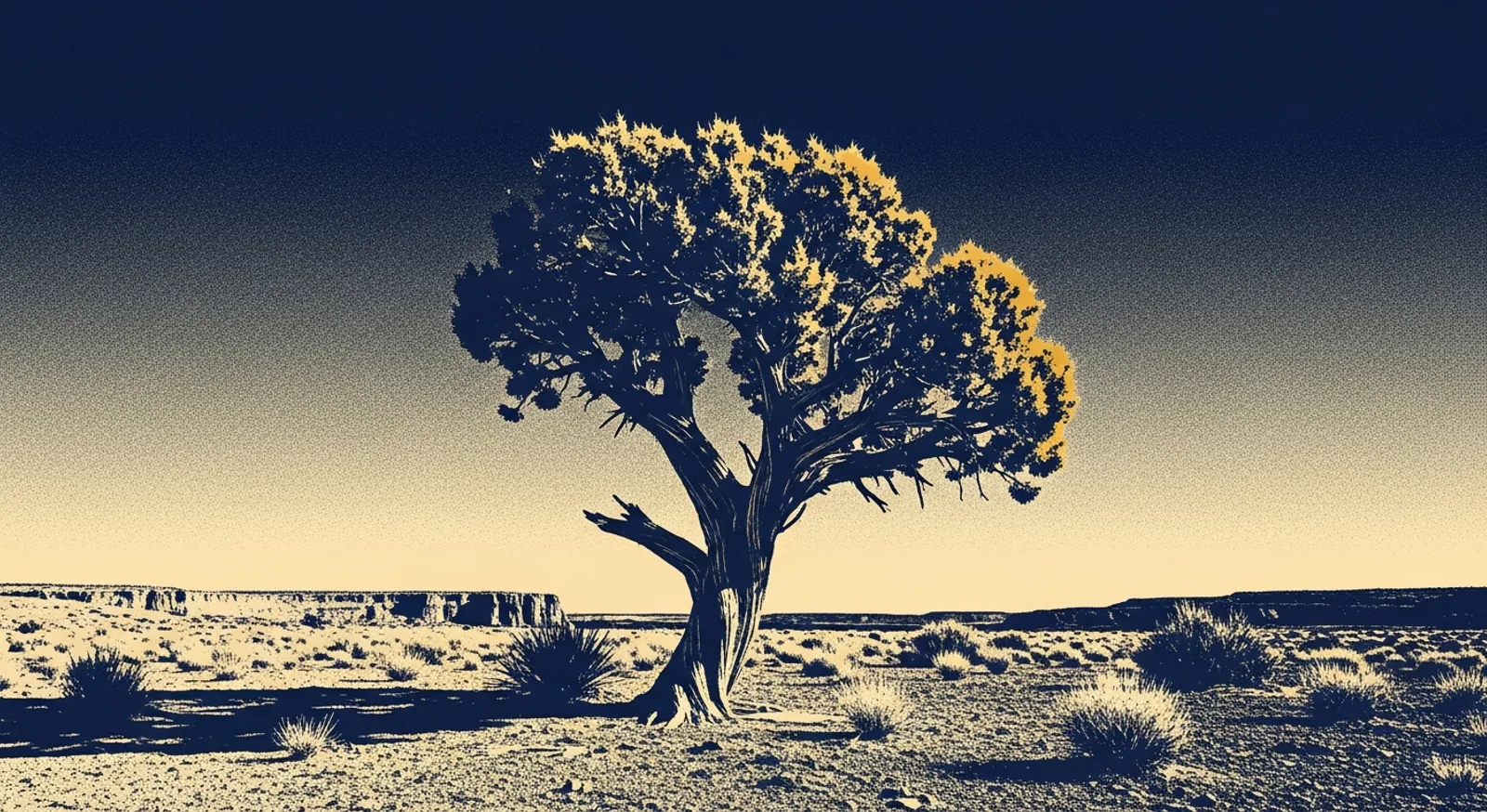 A single weathered desert tree standing alone on open scrubland under a pale sky, rendered in deep blue and cream halftone.