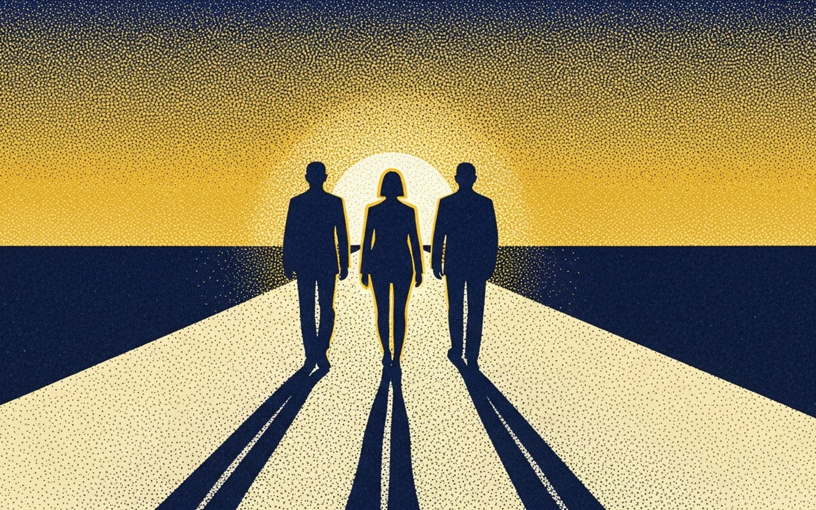 Three figures in silhouette walking away down a wide road toward a low sun, long shadows stretching behind them, in deep blue and gold halftone.