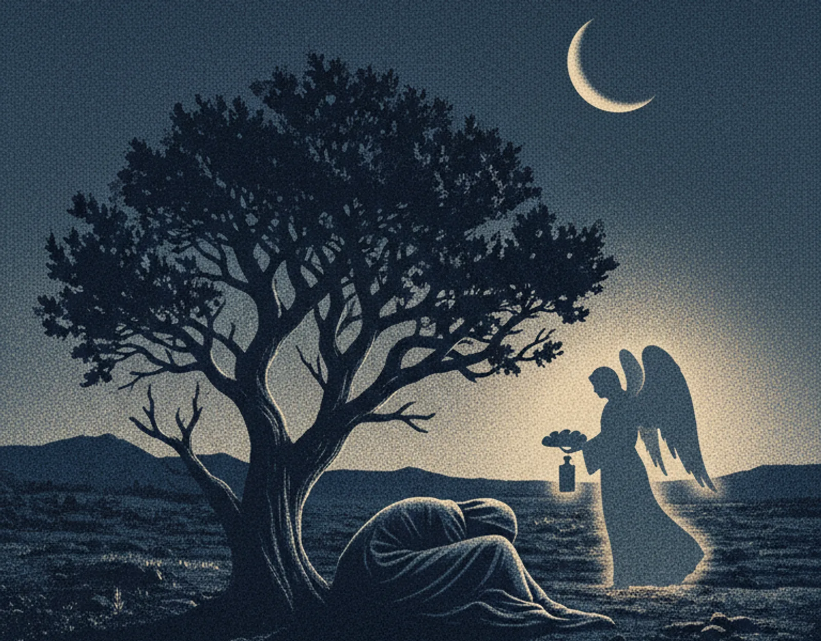 A figure lying asleep and wrapped in a cloak beneath a desert tree at night, while a winged figure stands nearby holding a lamp and a small loaf. A crescent moon hangs above.
