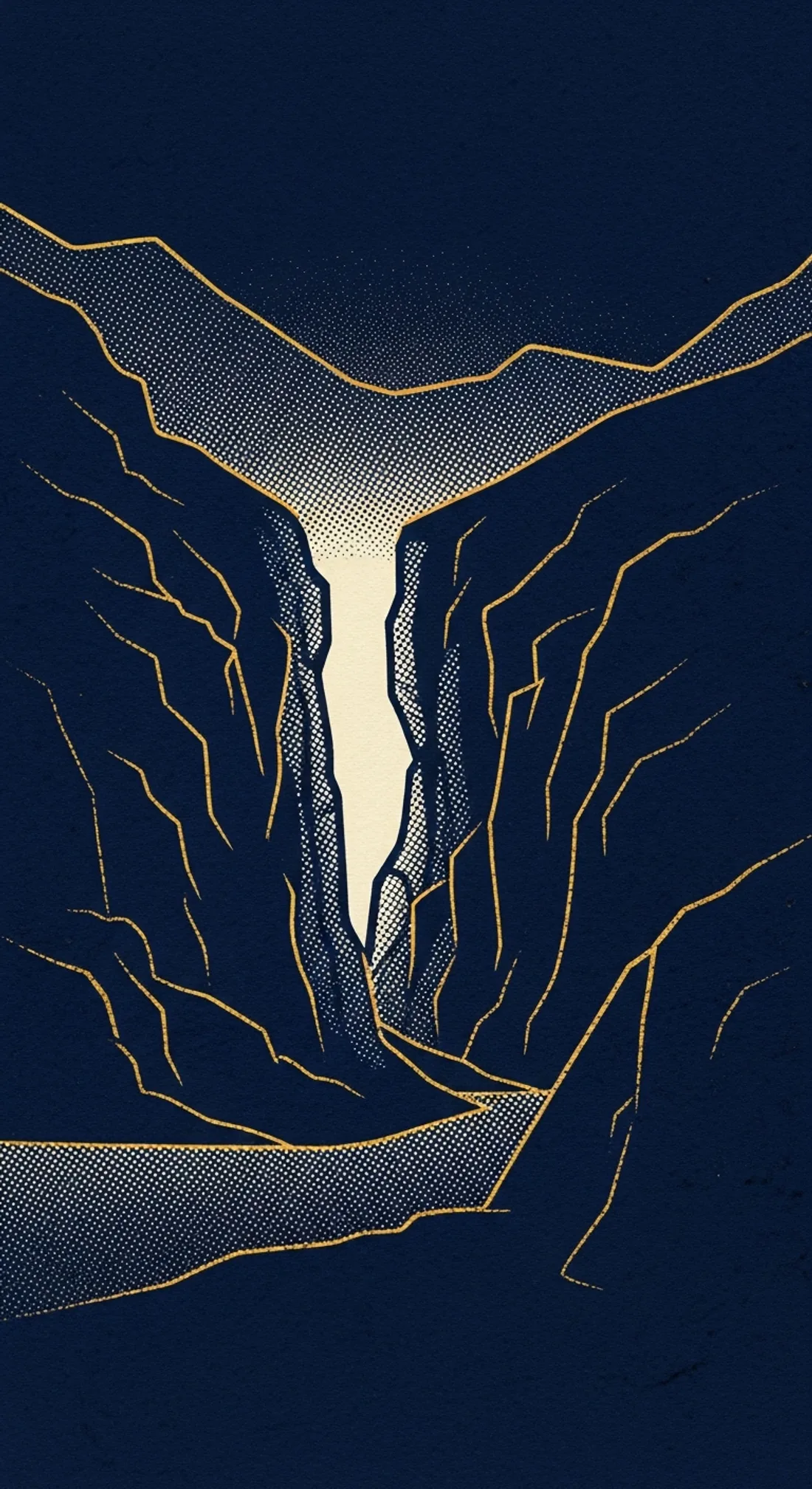 A narrow cleft between two dark rock walls, with pale light pouring through the opening from behind them.