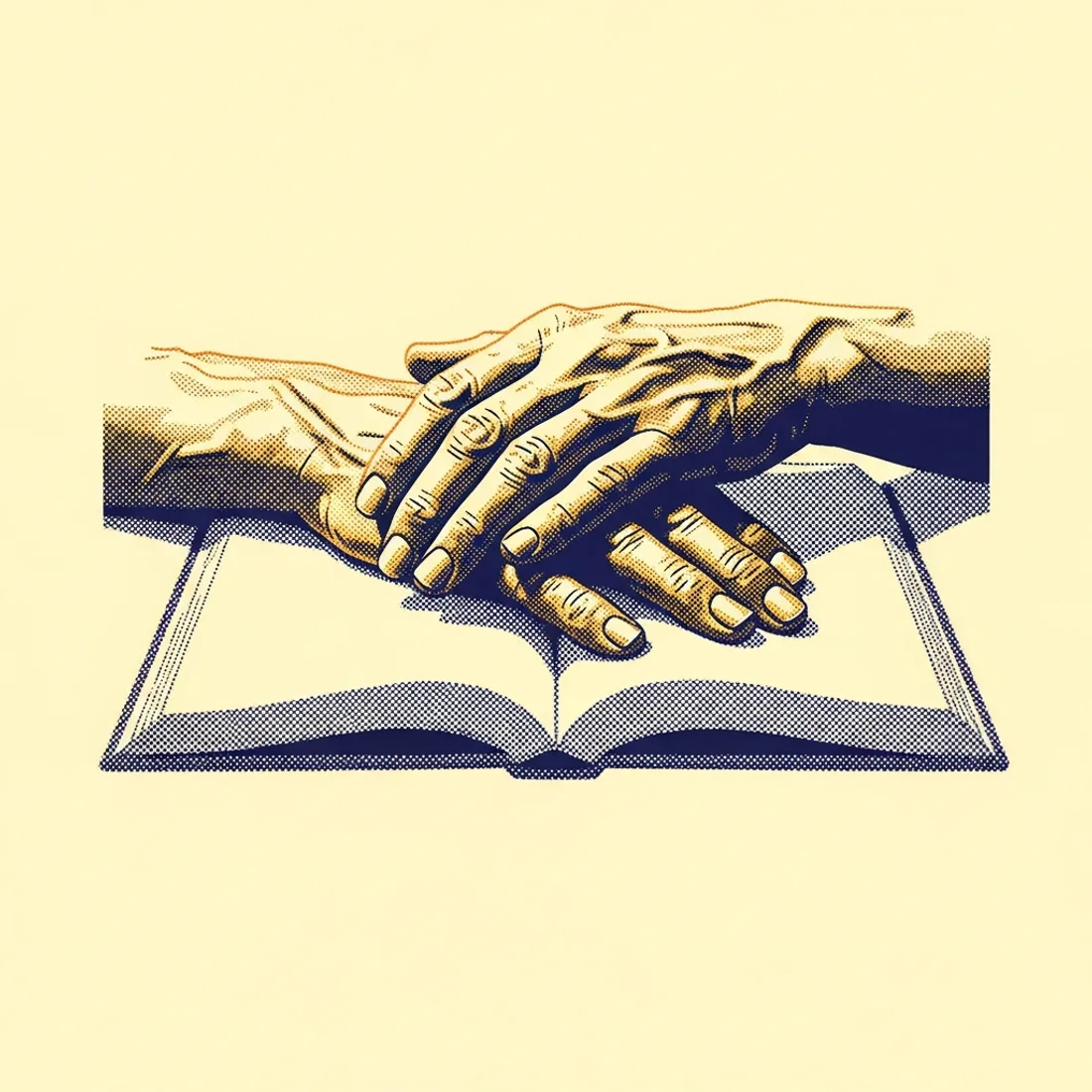 A pair of hands laid still and folded over an open book, rendered in cream and deep blue halftone.