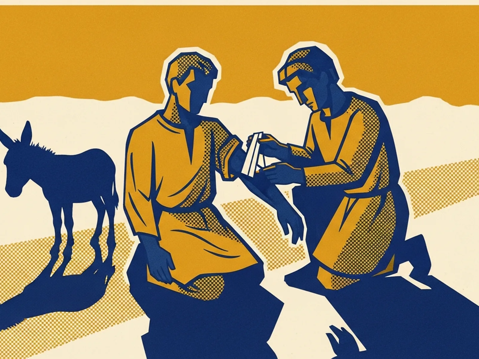 One traveller kneeling to bandage the arm of another at the roadside, a pack animal standing behind them, in blue and gold halftone.