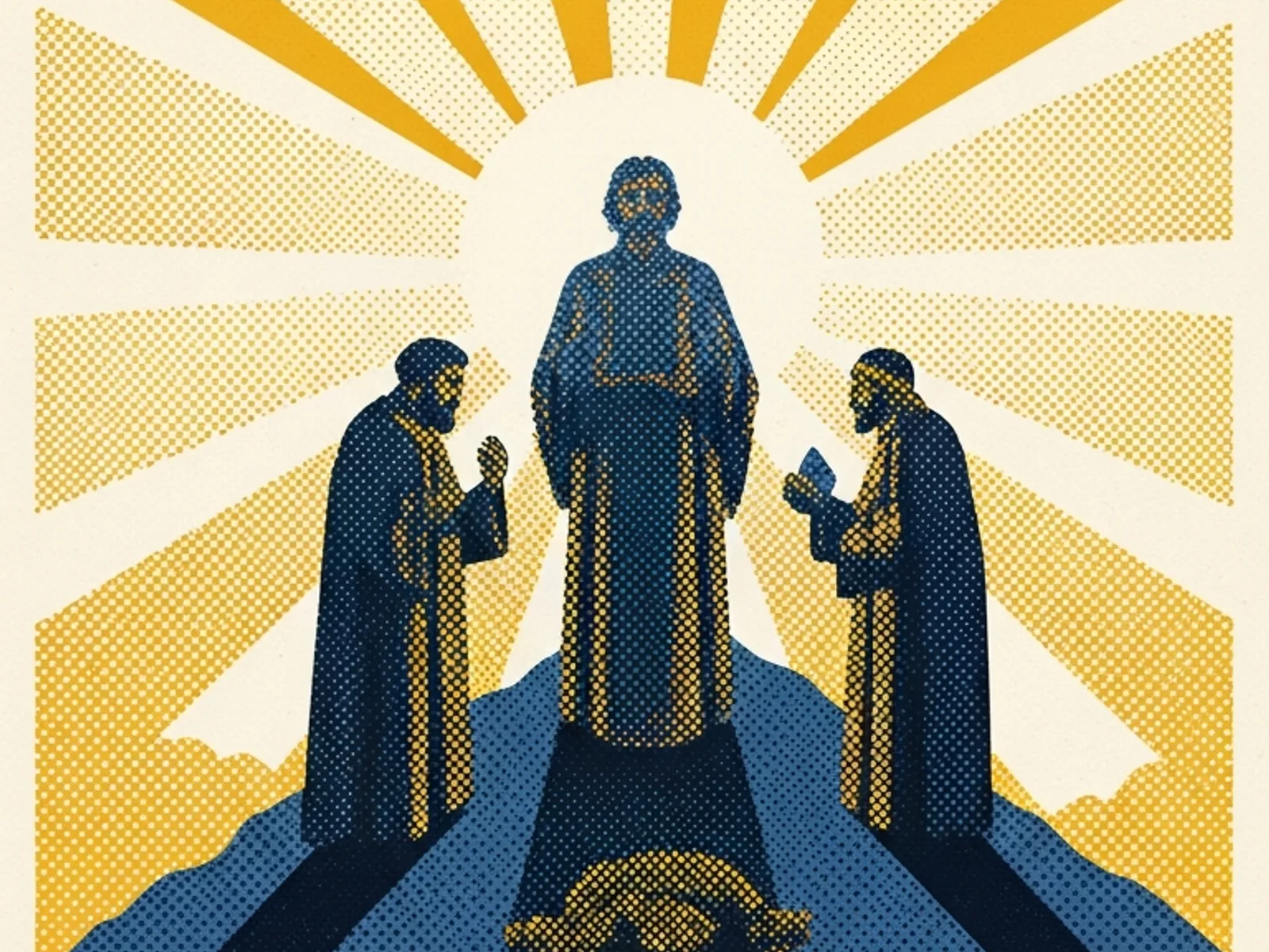 A radiant central figure on a mountain summit with rays of light behind him and two smaller figures on either side, in deep blue and gold halftone.