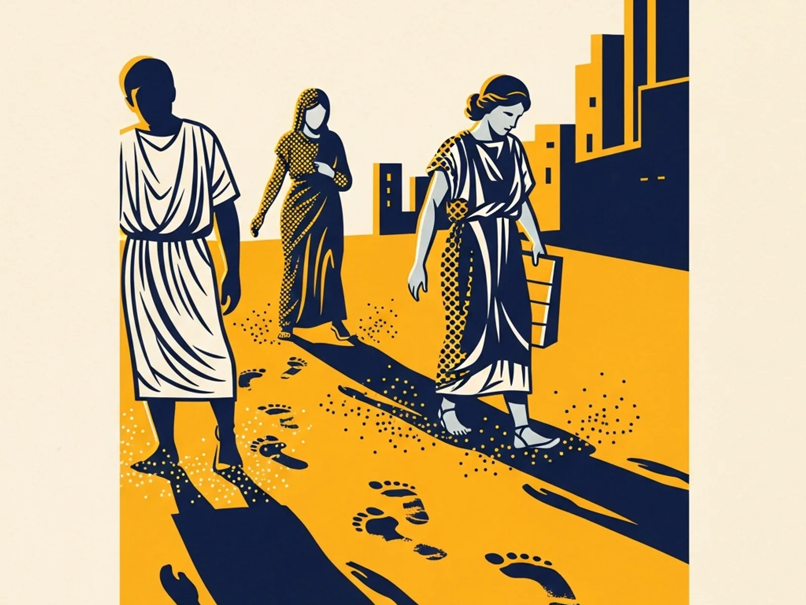 Sandalled feet walking across dusty ground, footprints trailing behind, in gold and deep blue halftone.