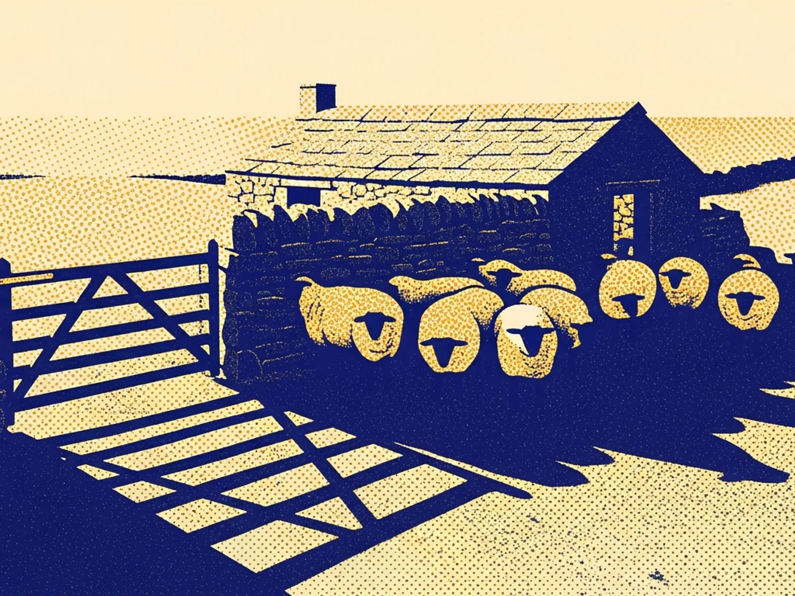 Sheep lying down inside a stone-walled fold with the gate standing open, long shadows across the ground, in deep blue and cream halftone.