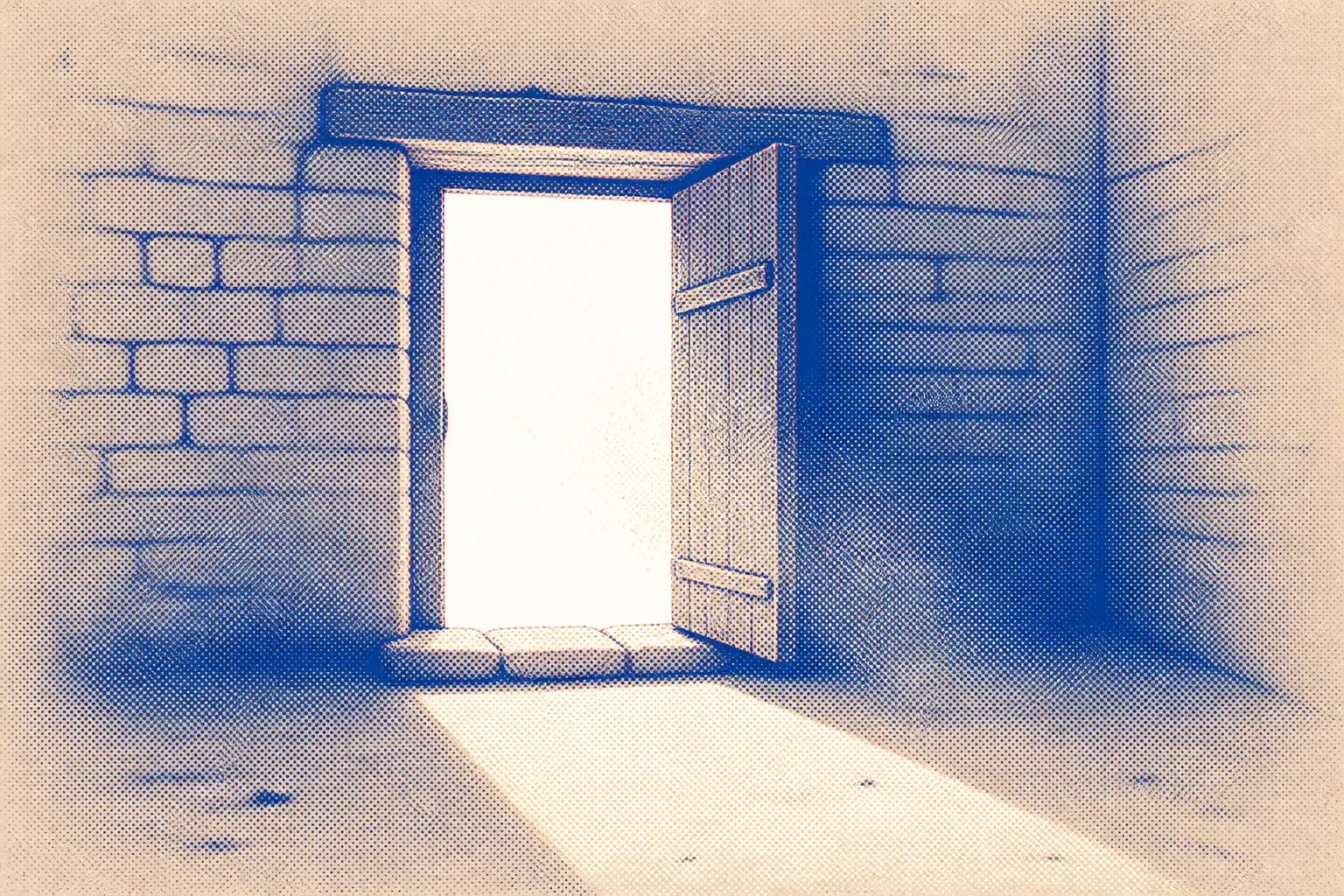 An open doorway in a thick dark mud-brick wall, warm light falling outward across the ground toward the viewer and stopping at their feet, nobody standing in it