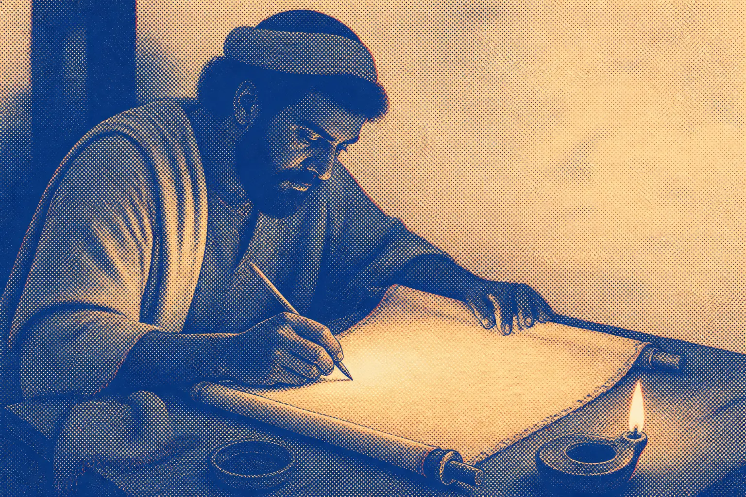 A scribe's hands on a blank hide scroll, a reed pen held between fingers and thumb, warm light glowing outward through the parchment fibres from behind the page