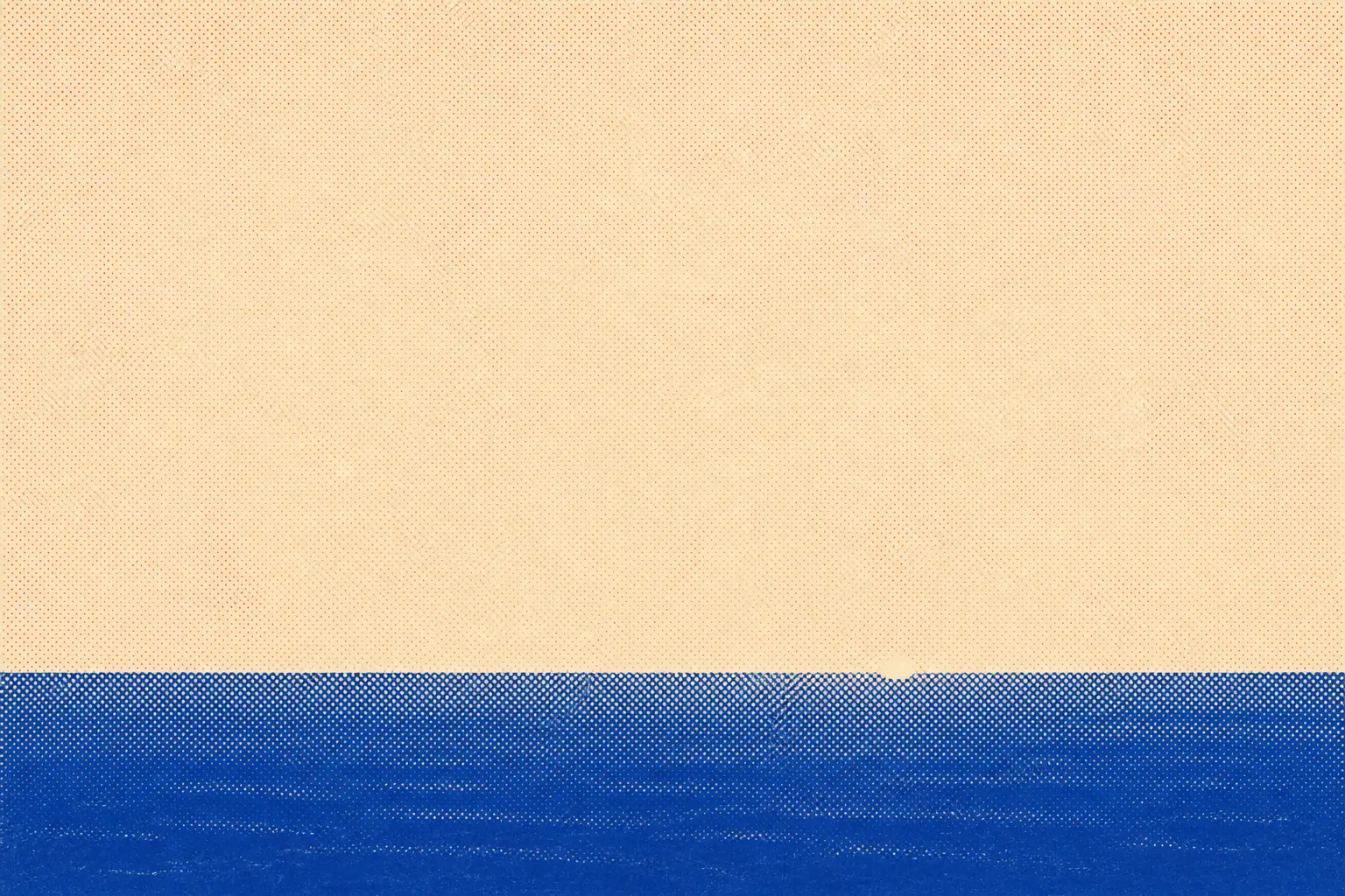 A vast empty expanse above a dark sea, the horizon low in the frame, one small point of warm light sitting on the line