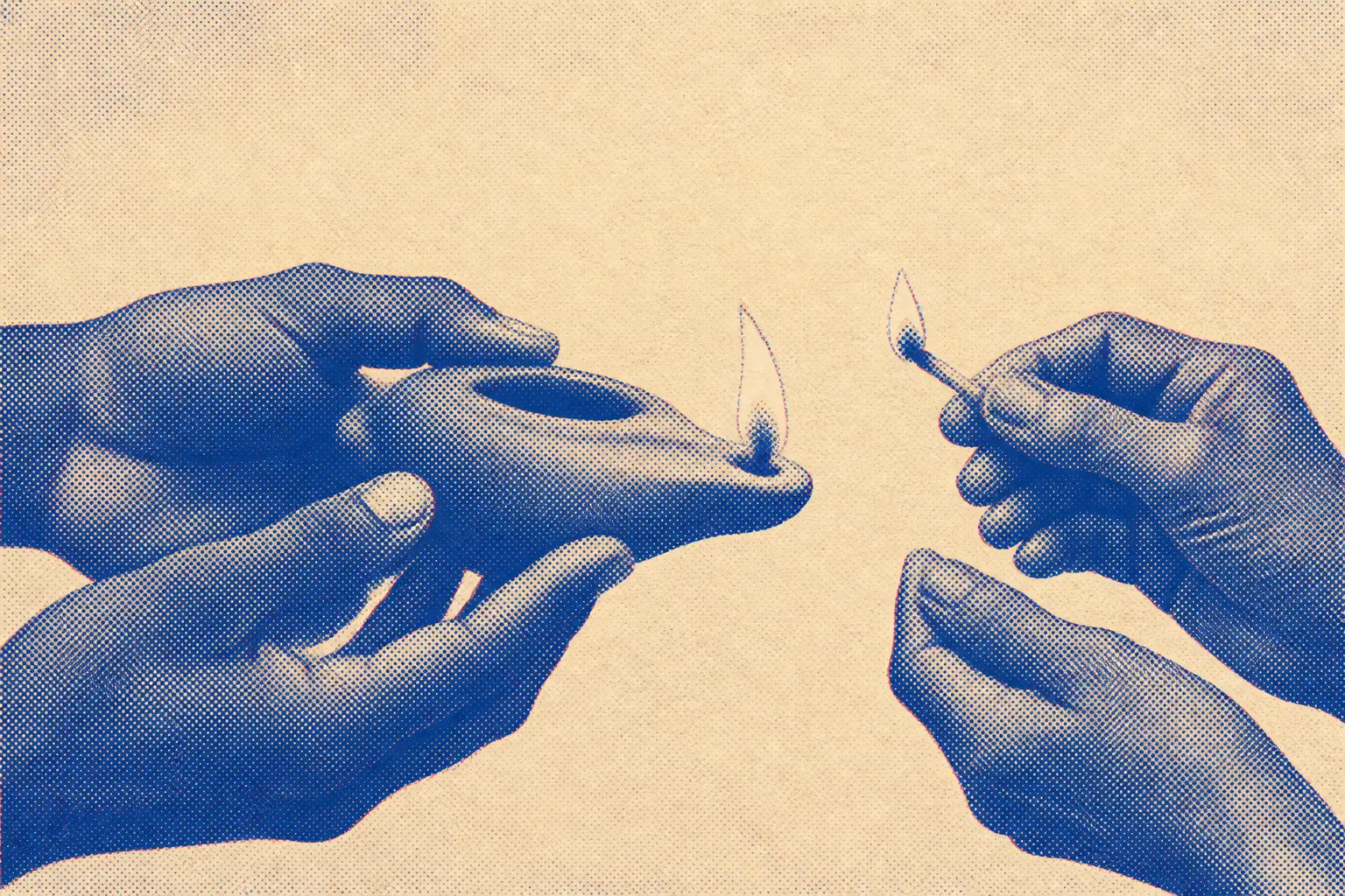 A small clay oil lamp lit and held in a young man's hands, an older woman's deeply lined hands withdrawing from it at the frame's edge, the flame caught mid-transfer