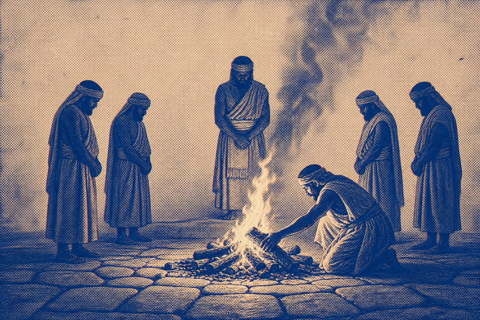 A low stone altar with a wood fire burning, four figures standing along the court and a fifth kneeling to lay one more piece of wood on the fire, lit only from below