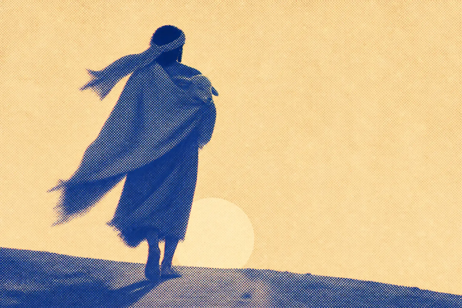 A small shepherd figure walking a hill path at dawn carrying a sleeping lamb in the fold of his mantle, their two outlines reading as a single shape against a low sun