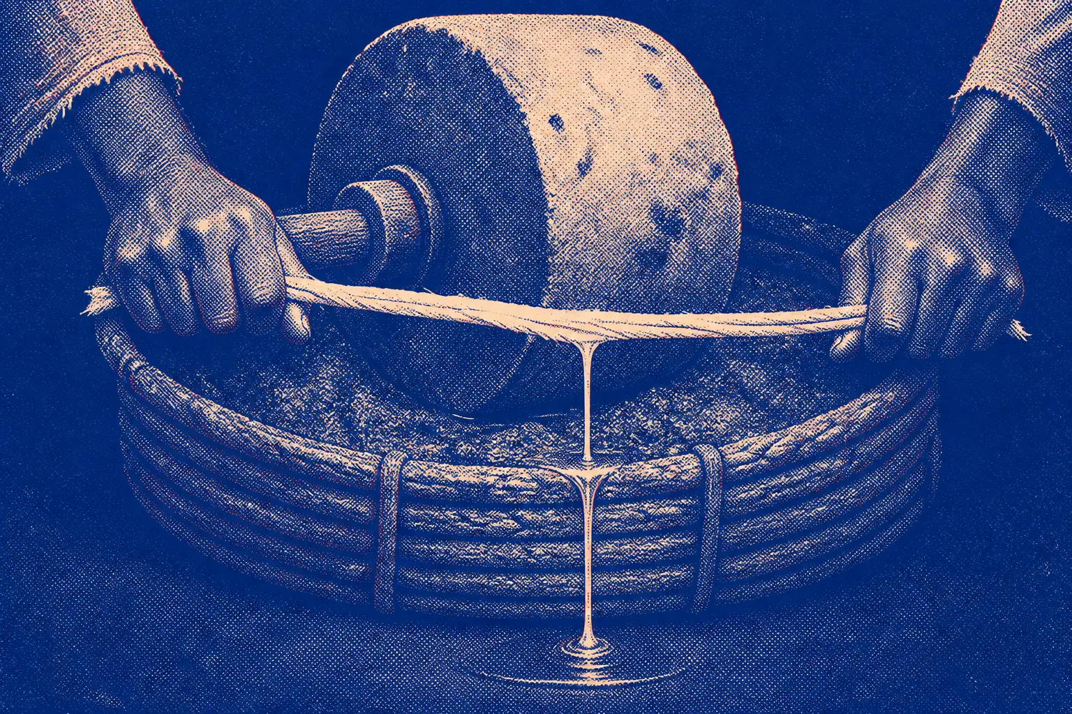 Inside a stone olive-press room, a crushing wheel on its axle, woven baskets and pulp, a worker's hands and forearms pressing down with visible strain, one thin bright ribbon of oil running from the press