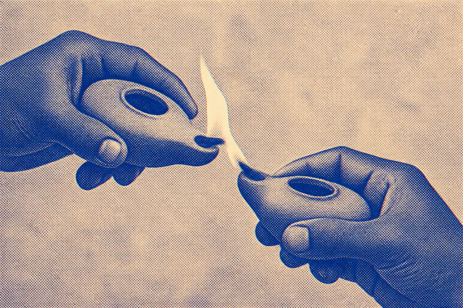 Two hands from different people, one tilting a burning clay lamp toward a second unlit lamp held by the other, the flame caught at the instant of crossing and burning on both wicks