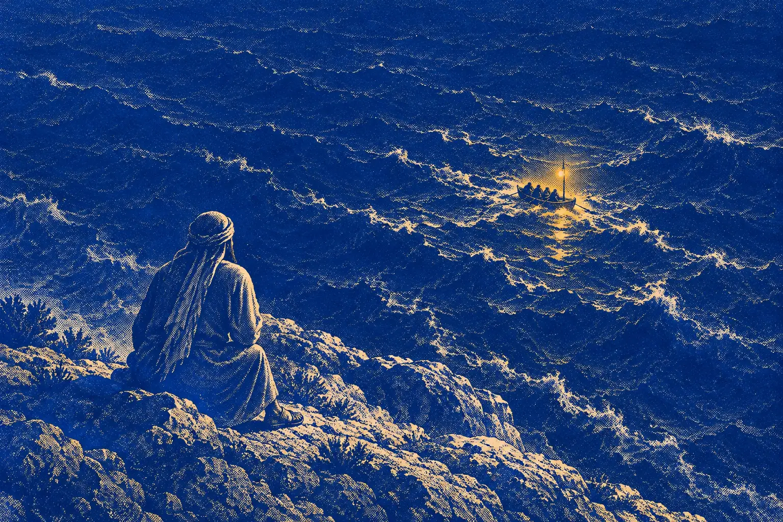 A man with a cloth over his head sits alone on a rocky ridge at night, seen from behind. Far below him a storm-tossed lake fills the frame, with one small boat lit by a single lamp.