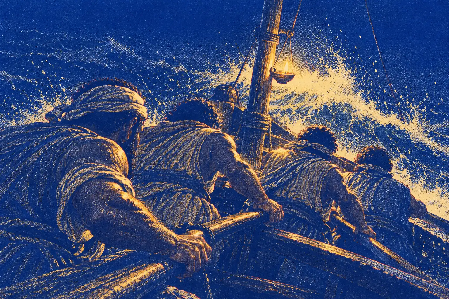 Close inside an open wooden boat at night, four rowers seen from behind haul on heavy oars. A lamp swings on the mast and a wave breaks white over the bow.