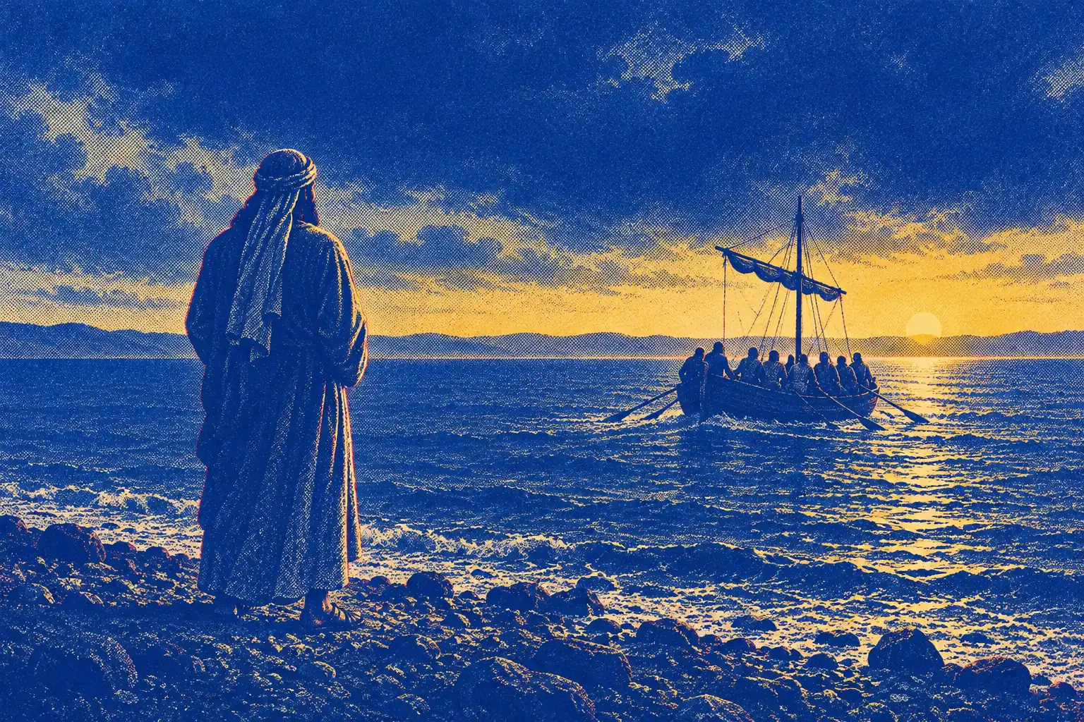 A man in a long robe with a cloth over his head stands on a rocky shore, seen from behind, watching a boat full of men row away toward a low sun on the horizon.