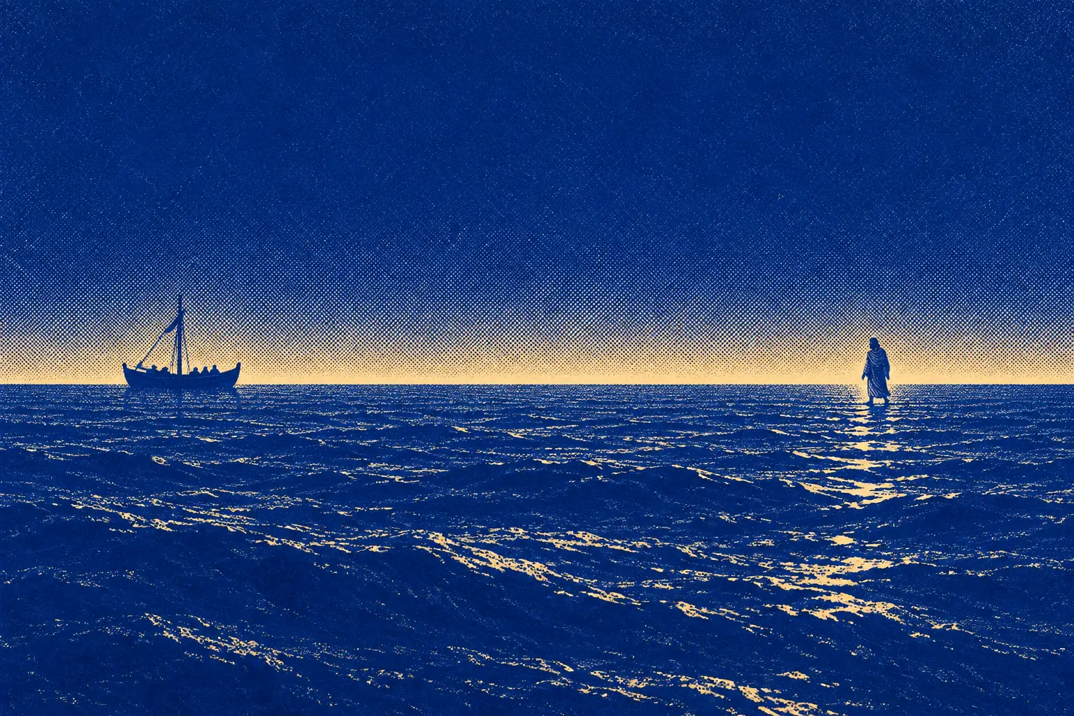 A dark sea under a dark sky with one thin line of gold light along the horizon. On that line, far apart, are the small silhouette of a boat and one upright figure walking on the water.