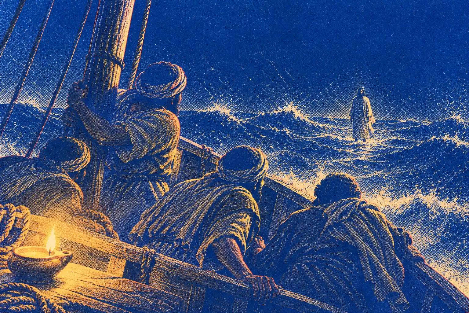 Men in a wooden boat at night shrink back in fear, one gripping the mast, with a small oil lamp burning on the deck beside them. Beyond the rail a robed figure stands on the waves.