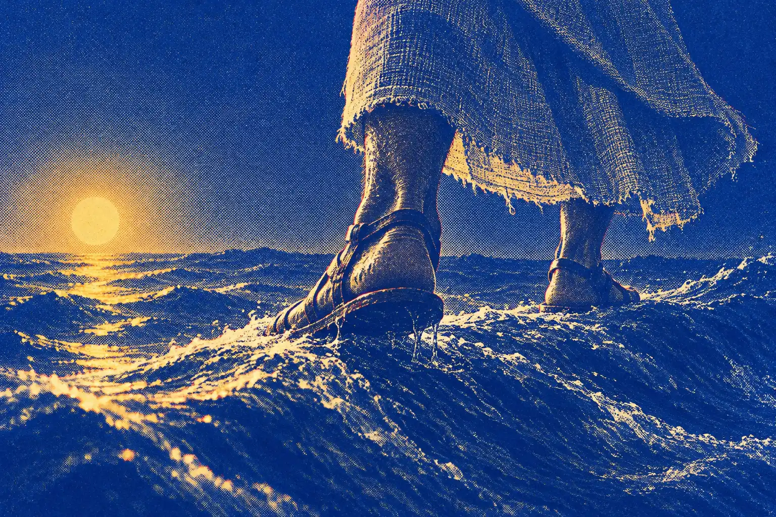A close view at wave level of two sandalled feet and the frayed hem of a robe, striding along the crest of a dark wave. A low gold disc of light hangs over the water.