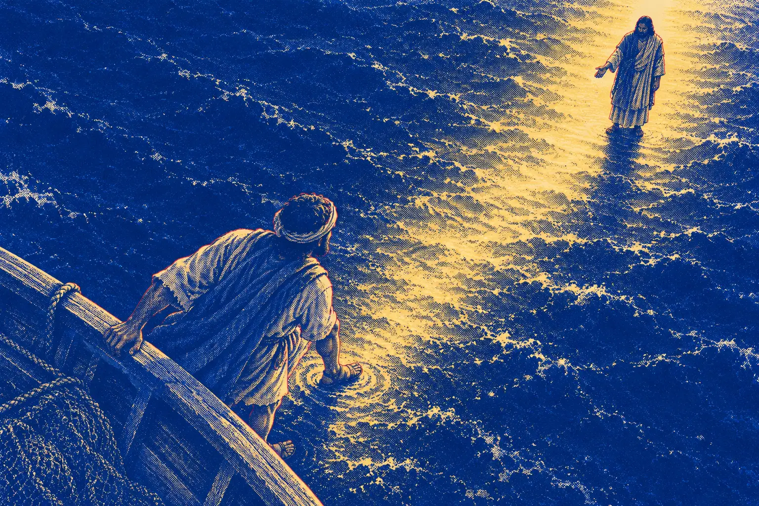 Seen from above at night, a man climbs over the side of a wooden boat and steps onto the dark water, one hand still on the rail. Ahead of him a robed figure stands waiting on a broad path of gold light.