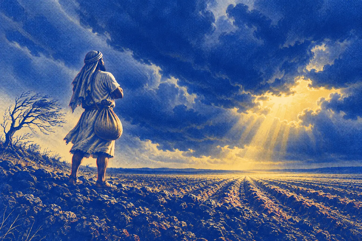 A farmer stands at the edge of a ploughed, empty field, seen from behind, with a full seed bag at his hip, looking up at heavy storm clouds. A bare tree beside him bends in the wind.