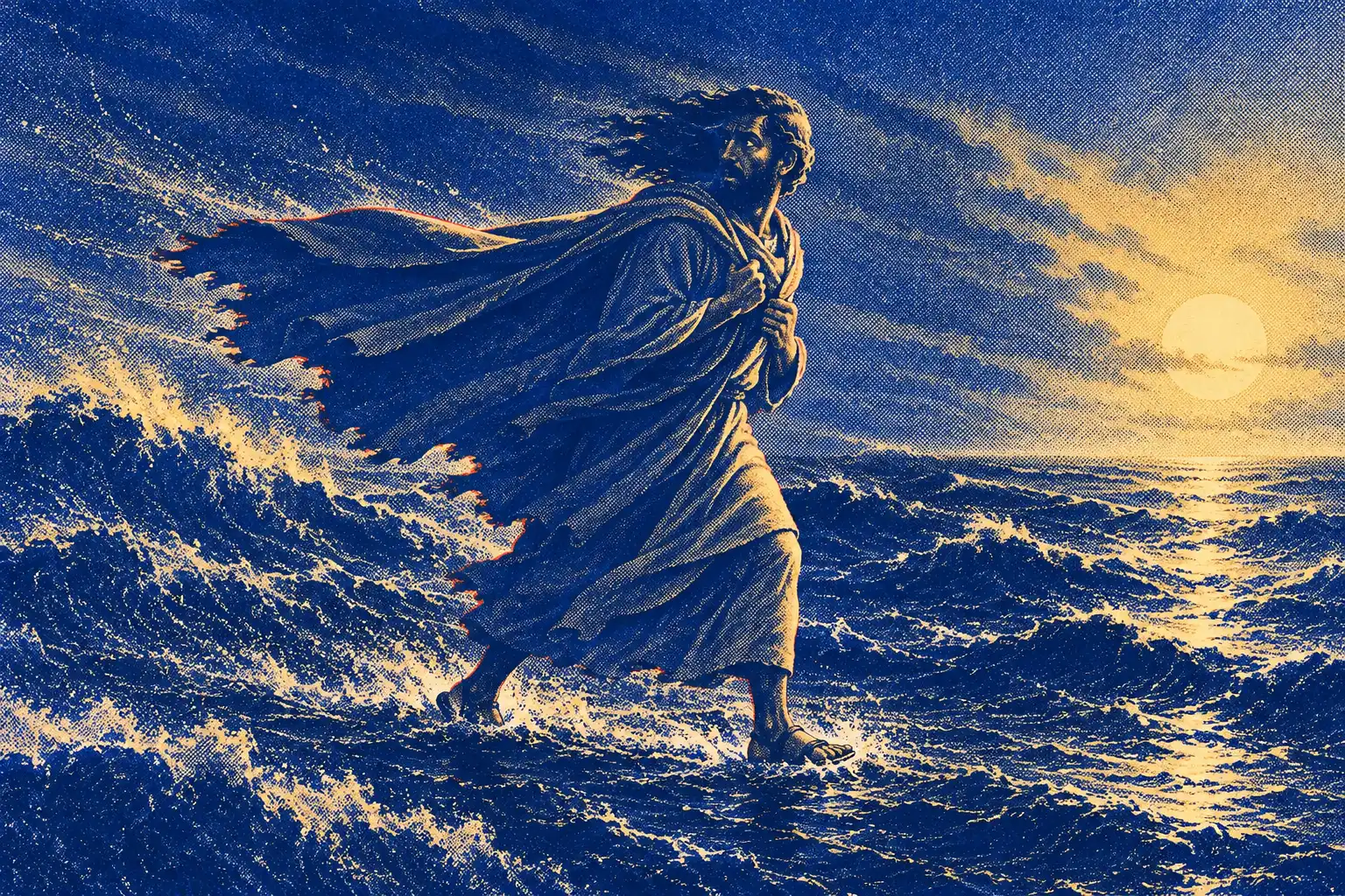 A bearded man strides across a rough sea with his head turned back over his shoulder into the weather. His hair and his torn mantle stream out behind him, and his fists are clenched at his chest.