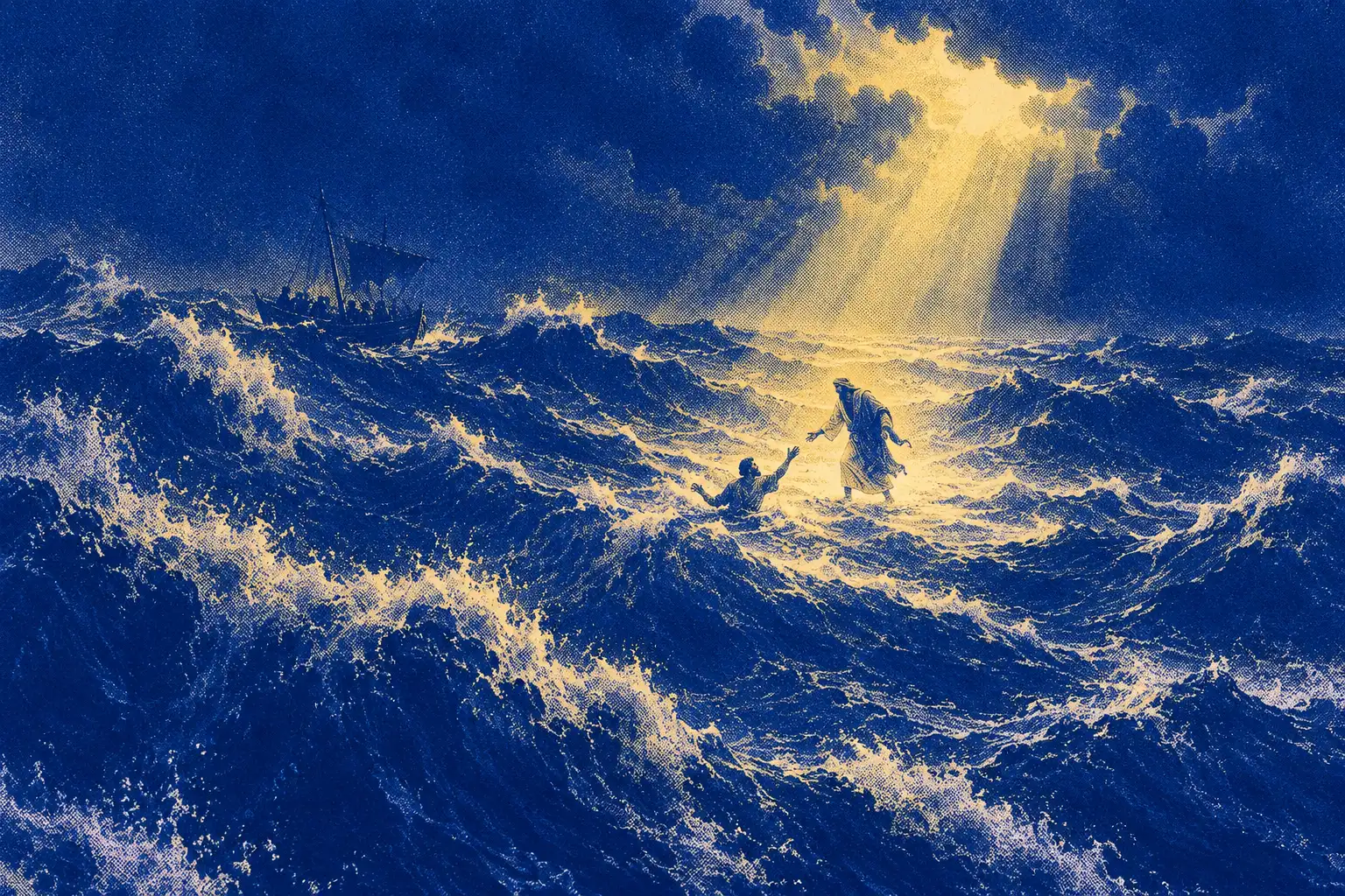 A huge storm-driven sea at night under a shaft of gold light breaking through the clouds. In the light, very small, one figure stands on the waves and reaches toward another who is sinking. A boat rides the swell far off.