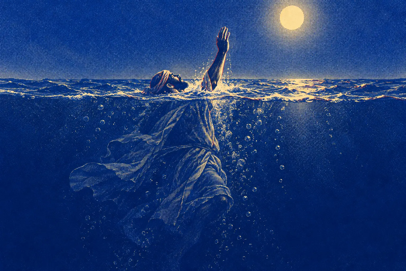 A view split at the waterline at night. Above the surface are the head of a man sunk to the neck and one raised arm, under a full moon. Below it his mantle billows in dark water with nothing under his feet.