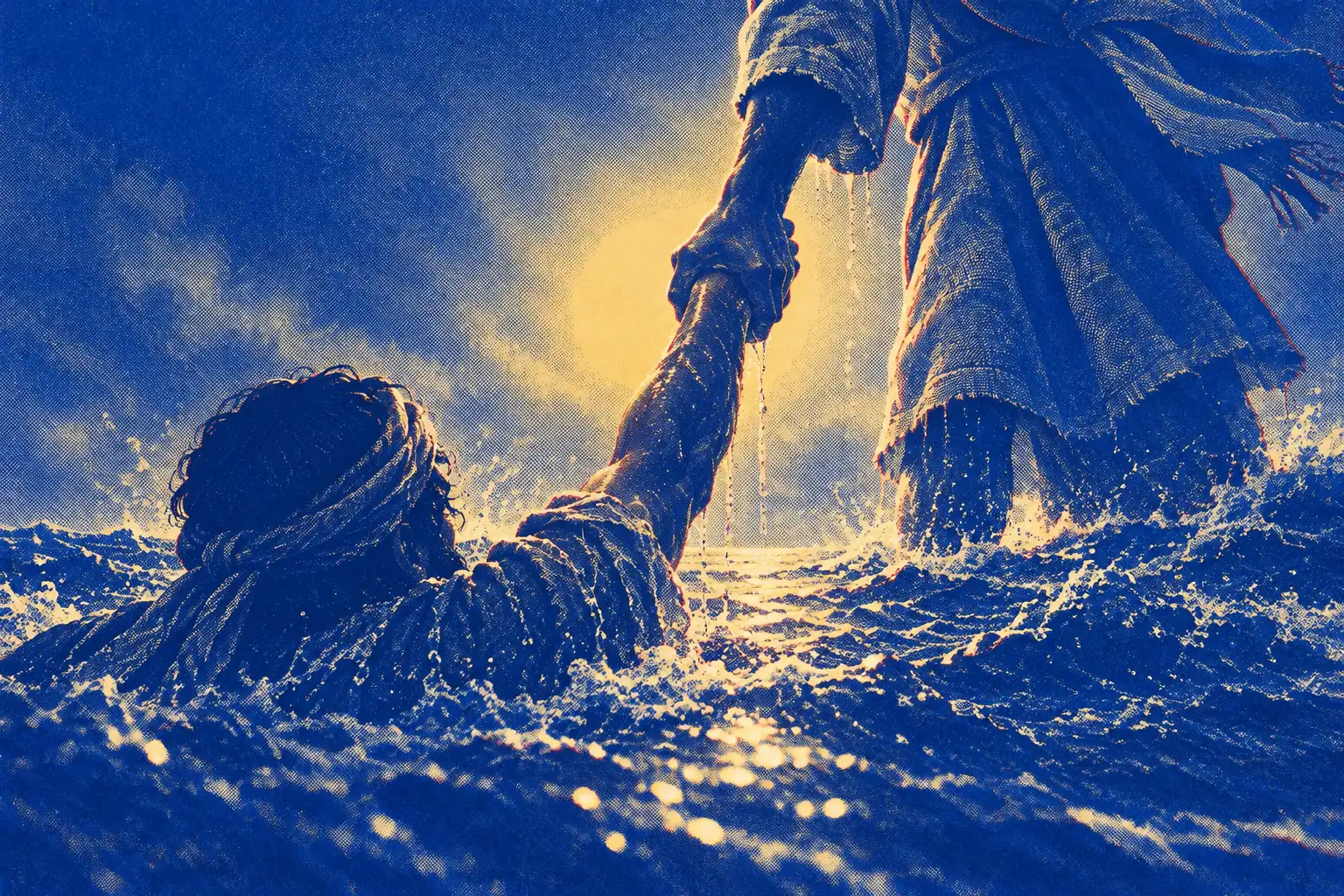Close at the waterline, a man in the sea reaches up and his hand is gripped by the hand of a robed figure standing over him, with spray and gold light behind their joined arms.
